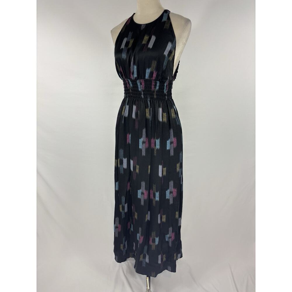 Xirena Tavia Silk Maxi Dress Black Ikat Print Small Halter Neck Pockets Backless